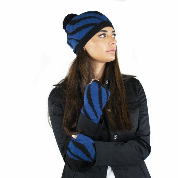 Portolano Cashmere Zebra Slouchy Hat With Pom Pom- Blue, Black - Picture 3 of 4